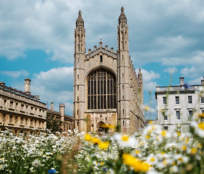 Colorful flowers surrounding King's College Chapel, Cambridge