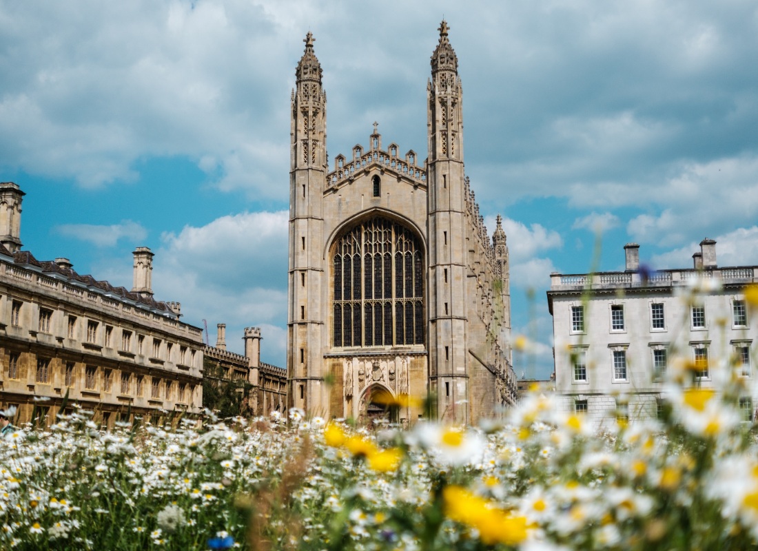 Colorful flowers surrounding King's College Chapel, Cambridge